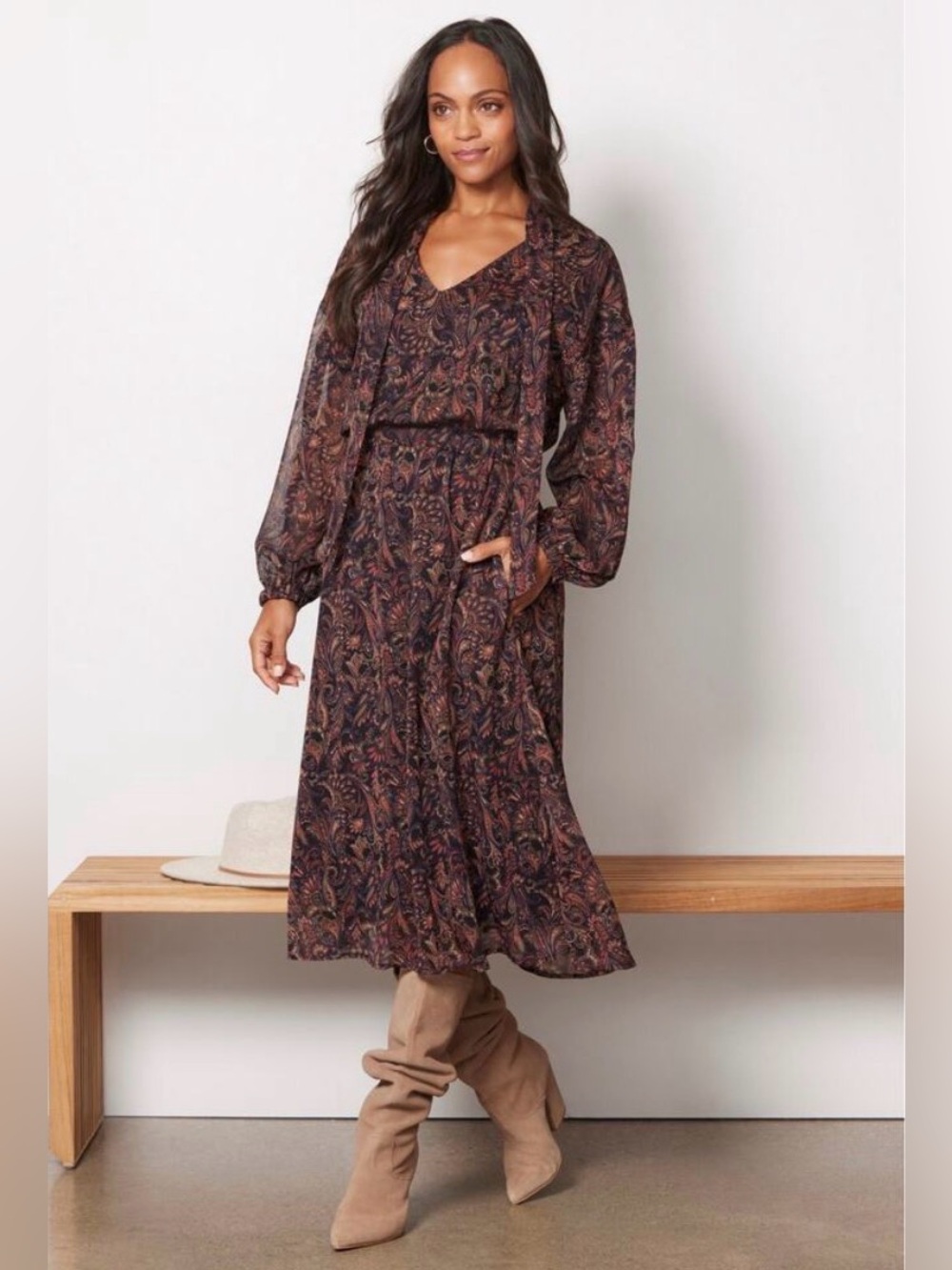 Evereve Women’s Eliza Paisley Long Sleeve Midi Dress, Size Large
